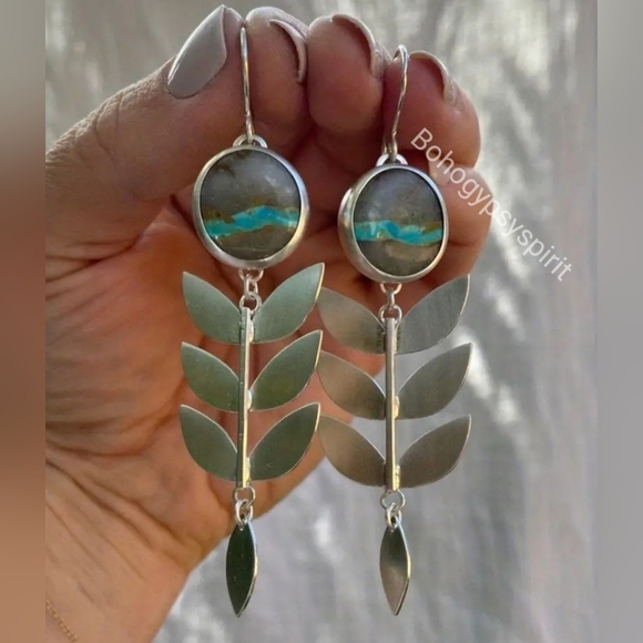 Boho Retro Leaf Dangle Drop  Earrings With Pine Stone - Picture 7 of 12